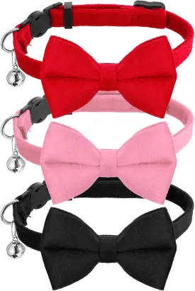 3 Pcs Cat Collar with Bow Tie Bell Personalized Breakaway Kitten Collar Small Puppy Safety Adjustable Kitty Bowtie Collar Removable Solid Wedding for Pet Supplies Accessories
