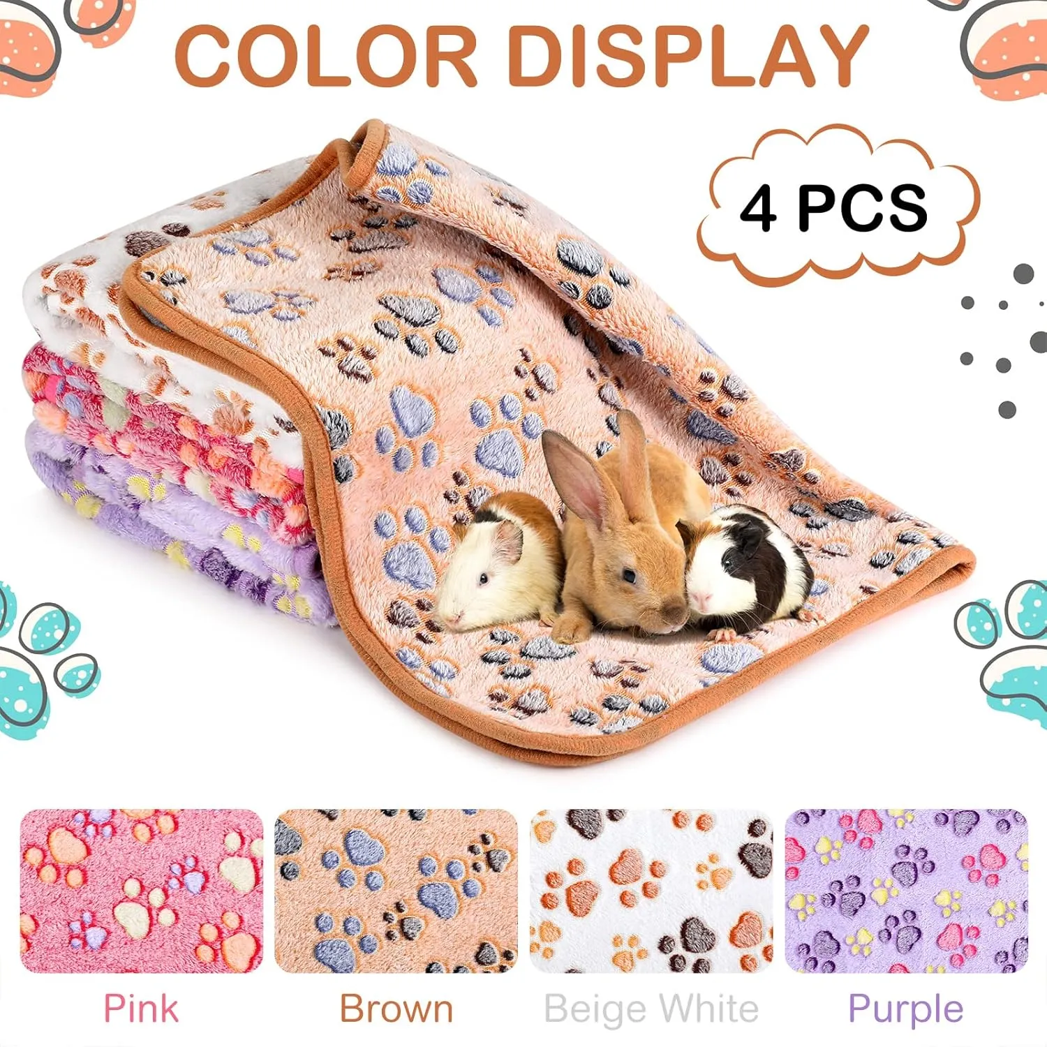 4 Pcs Waterproof Guinea Pig Blankets Washable Small Animal Fleece Bedding Absorbent Guinea Pig Cage Liners Reusable Pet Pee Pad Sleep Mat Pad Cover for Hamster Ferret (Paw Print, 35 x 24 Inch)