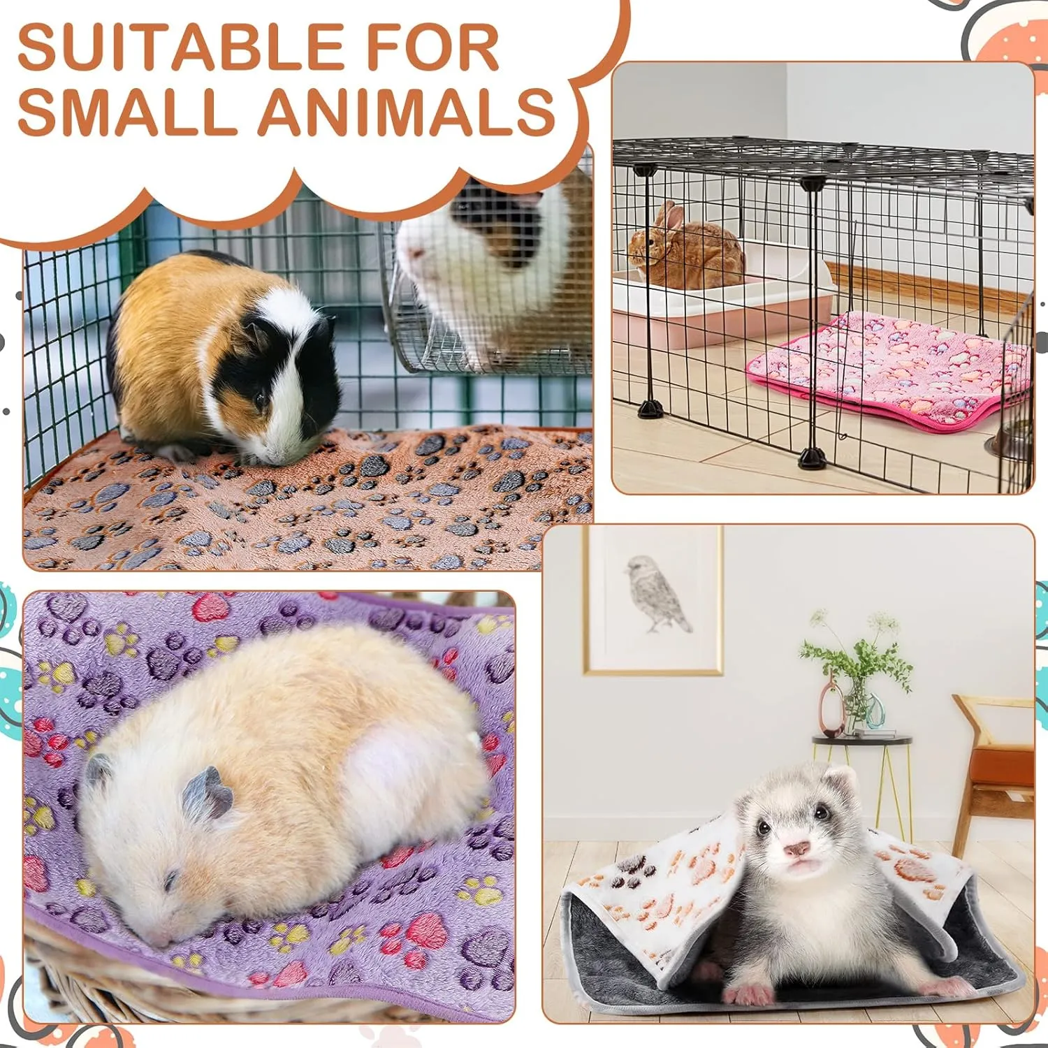 4 Pcs Waterproof Guinea Pig Blankets Washable Small Animal Fleece Bedding Absorbent Guinea Pig Cage Liners Reusable Pet Pee Pad Sleep Mat Pad Cover for Hamster Ferret (Paw Print, 35 x 24 Inch)
