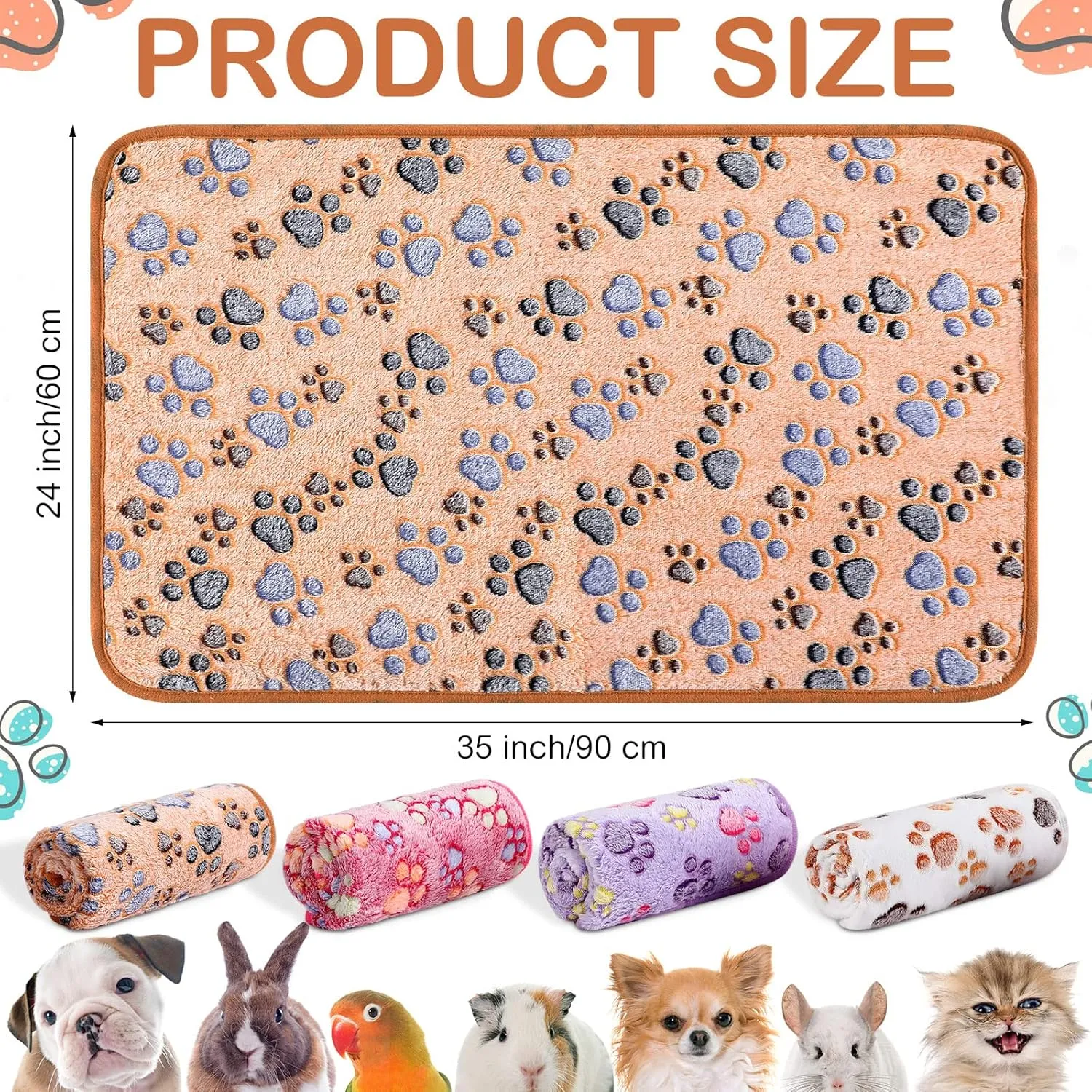 4 Pcs Waterproof Guinea Pig Blankets Washable Small Animal Fleece Bedding Absorbent Guinea Pig Cage Liners Reusable Pet Pee Pad Sleep Mat Pad Cover for Hamster Ferret (Paw Print, 35 x 24 Inch)