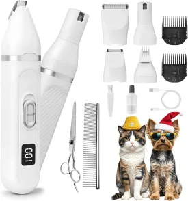 6-in-1 Quiet Paw Trimmer & Nail Grinder with Stainless Steel Scissor & Comb, Long-Lasting Dog Grooming Clippers Kit, Rechargeable Nail Trimmers with IPX7 Waterproof