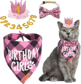 ADOGGYGO Cat Birthday Party Supplies, Birthday Girl Plaid Kitten Bandana, Pink Cat Party Hat with Numbers, Bowtie (Pink)