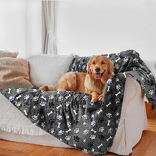 AIWEK Waterproof Dog Blanket, Pattern Printing Super Soft Warm Fluffy Facecloth Sofa Car Bed Protector, Urine Proof Washable Outdoor Pet Blanket for Puppy Large Dogs & Cats(paw & Bone60*50)