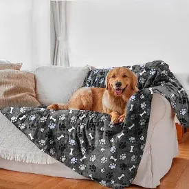 AIWEK Waterproof Dog Blanket, Pattern Printing Super Soft Warm Fluffy Facecloth Sofa Car Bed Protector, Urine Proof Washable Outdoor Pet Blanket for Puppy Large Dogs & Cats(paw & Bone60*50)