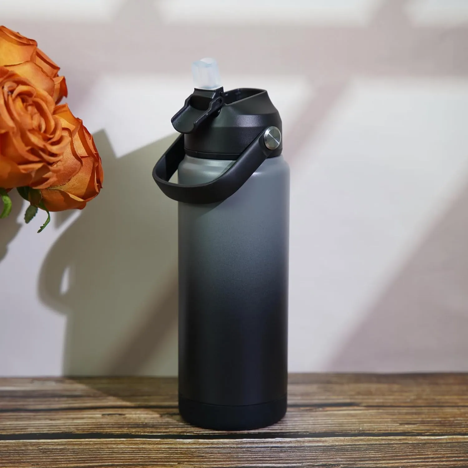 BJPKPK Water Bottle with Straw Lid, 24oz Vacuum Insulated Water Bottles, Metal Stainless Steel Thermos for Sports, Travel, BPA Free Leak Proof Thermos, Cups, Flasks, Tumblers,Black Grey