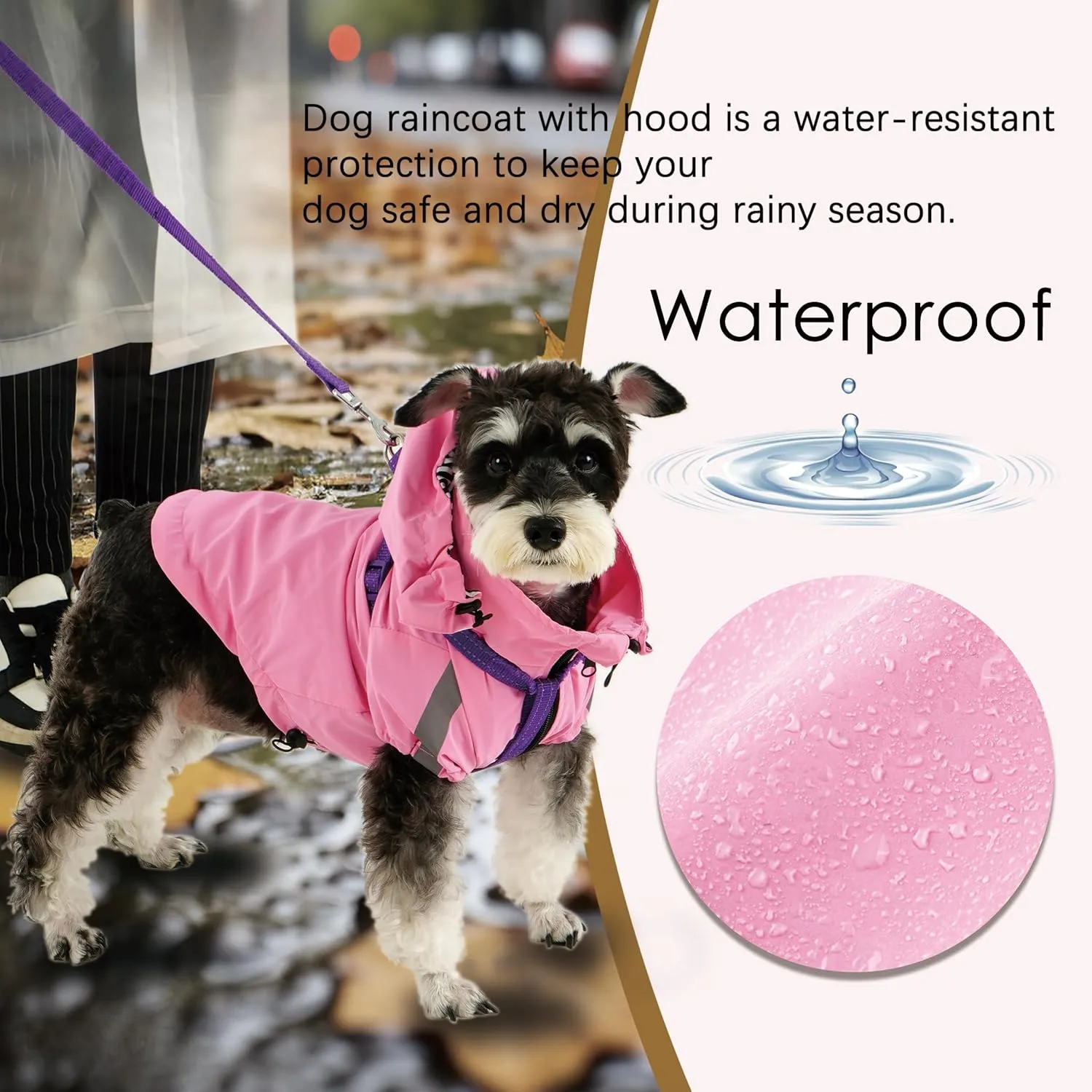 Breathable Dog Raincoat with Detachable Hood - Reflective Strips, 6 Rain/Water Resistant(Pink,M)