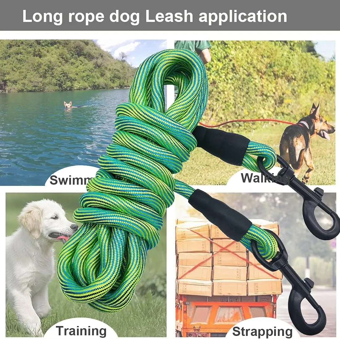 BTINESFUL 8ft 12ft 20ft 30ft 50ft 75ft Dog Tie-Out Long Tether Rope Leash, Outdoor Yard Leash- Large Medium Small Dogs Training, Playing, Camping, Backyard