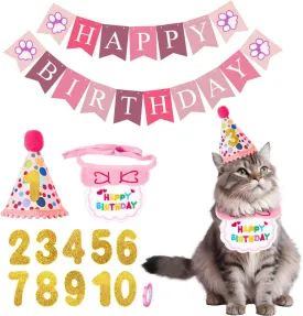 Cat Birthday Party Supplies, Cat Birthday Banner Cat Birthday Hat with Numbers Cat Birthday Bandana, Girl Cat Birthday Outfits for Kitten Birthday Decorations(Pink)
