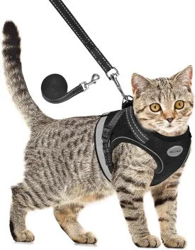 Cat Harness and Leash for Walking, Kitten Escape Proof Harnesses, Adjustable Reflective Puppy Harness with Leashes Set, Easy Adjustable Soft net Breathable Pet Safety Vest Black