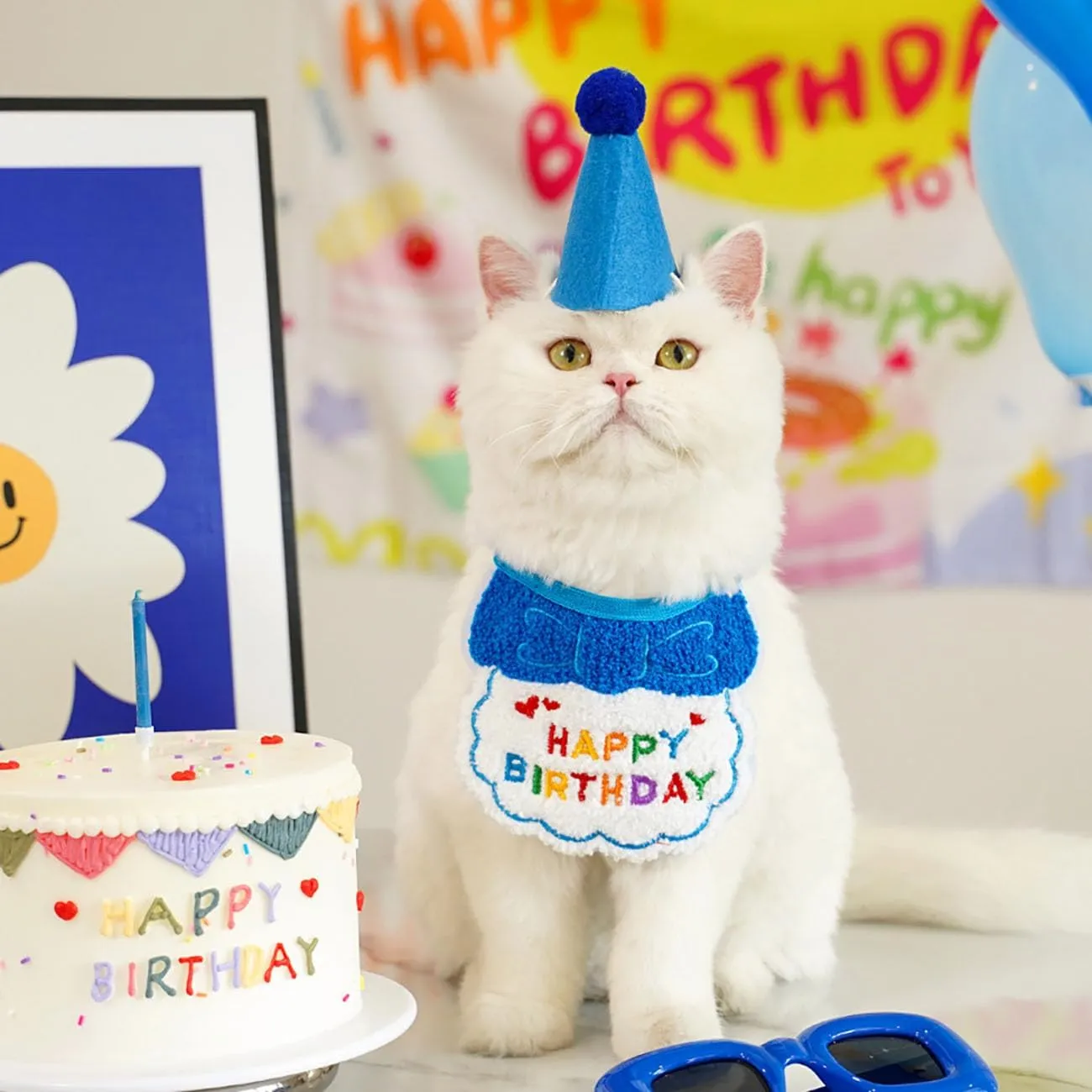 Cat/Dog Birthday Party Supplies, Cute Happy Birthday Scarf Hat Set Kitten Bandana Small Pet Decorations Outfits,Dark Blue