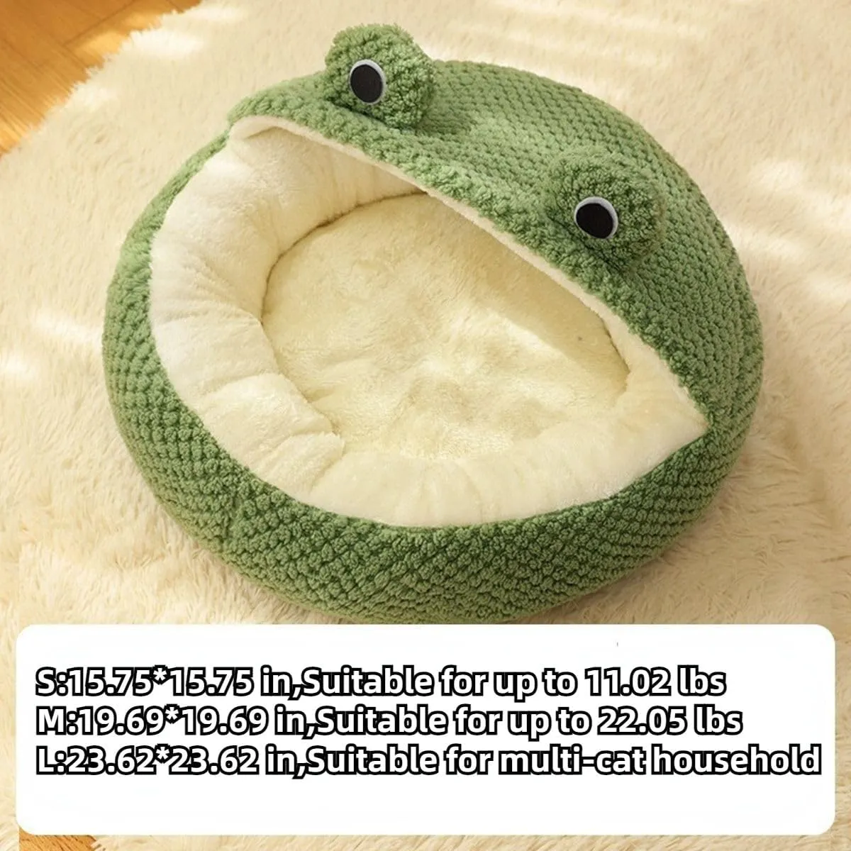 Cute Frog Hooded Cat Bed with Non-Slip Bottom, Covered Round Fluffy Frogs Cave Green, Semi-Closed Pet Mat for Cats and Small Dogs (Large)