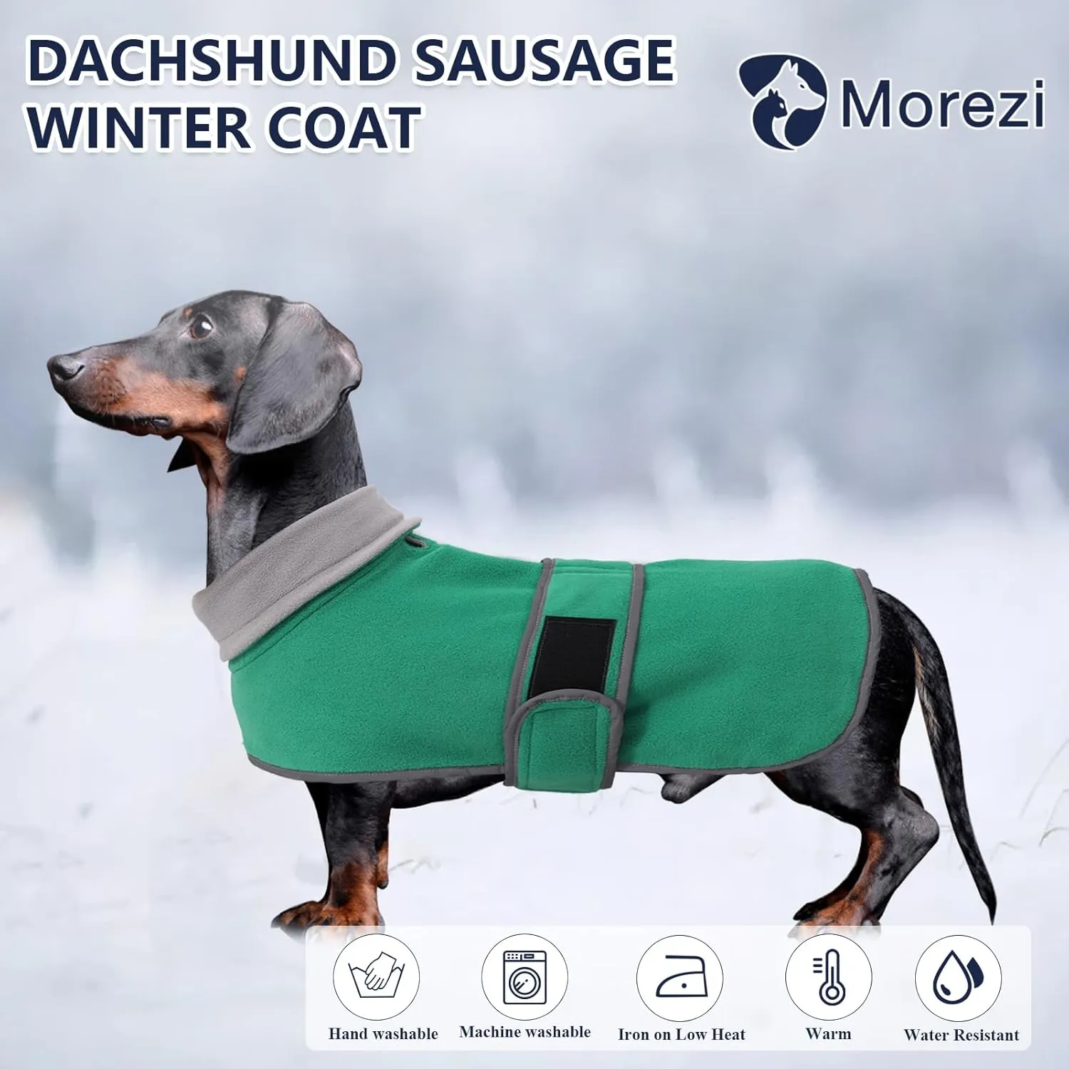 Dachshund Coats Sausage Dog Fleece Coat in Winter Miniature Dachshund Clothes with Hook and Loop Closure and high vis Reflective Trim Safety - Green - M