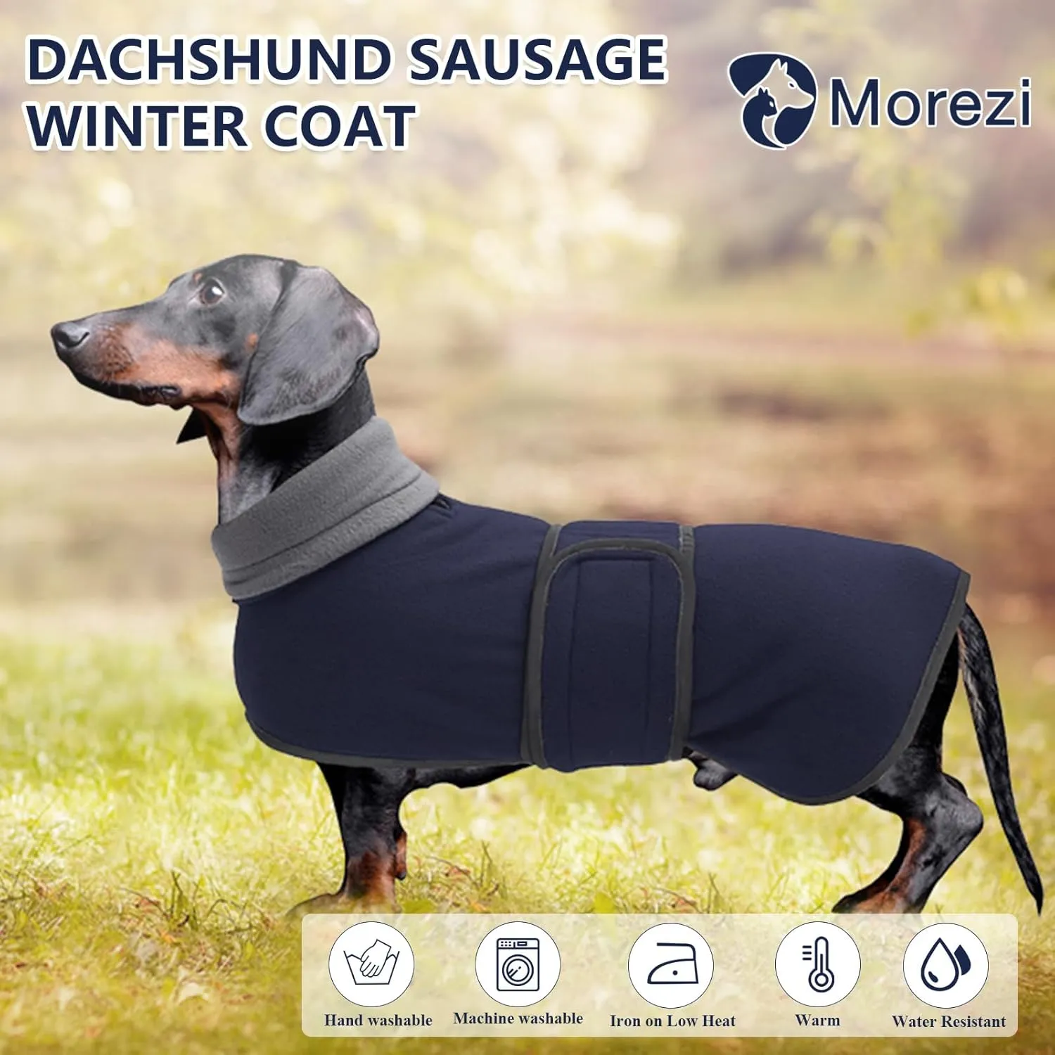 Dachshund Coats Sausage Dog Fleece Coat in Winter Miniature Dachshund Clothes with Hook and Loop Closure and high vis Reflective Trim Safety - Navy - M