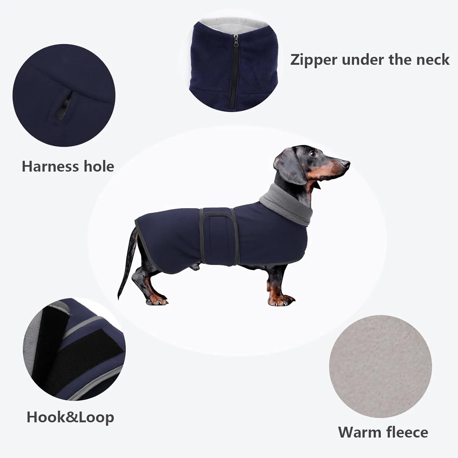 Dachshund Coats Sausage Dog Fleece Coat in Winter Miniature Dachshund Clothes with Hook and Loop Closure and high vis Reflective Trim Safety - Navy - M