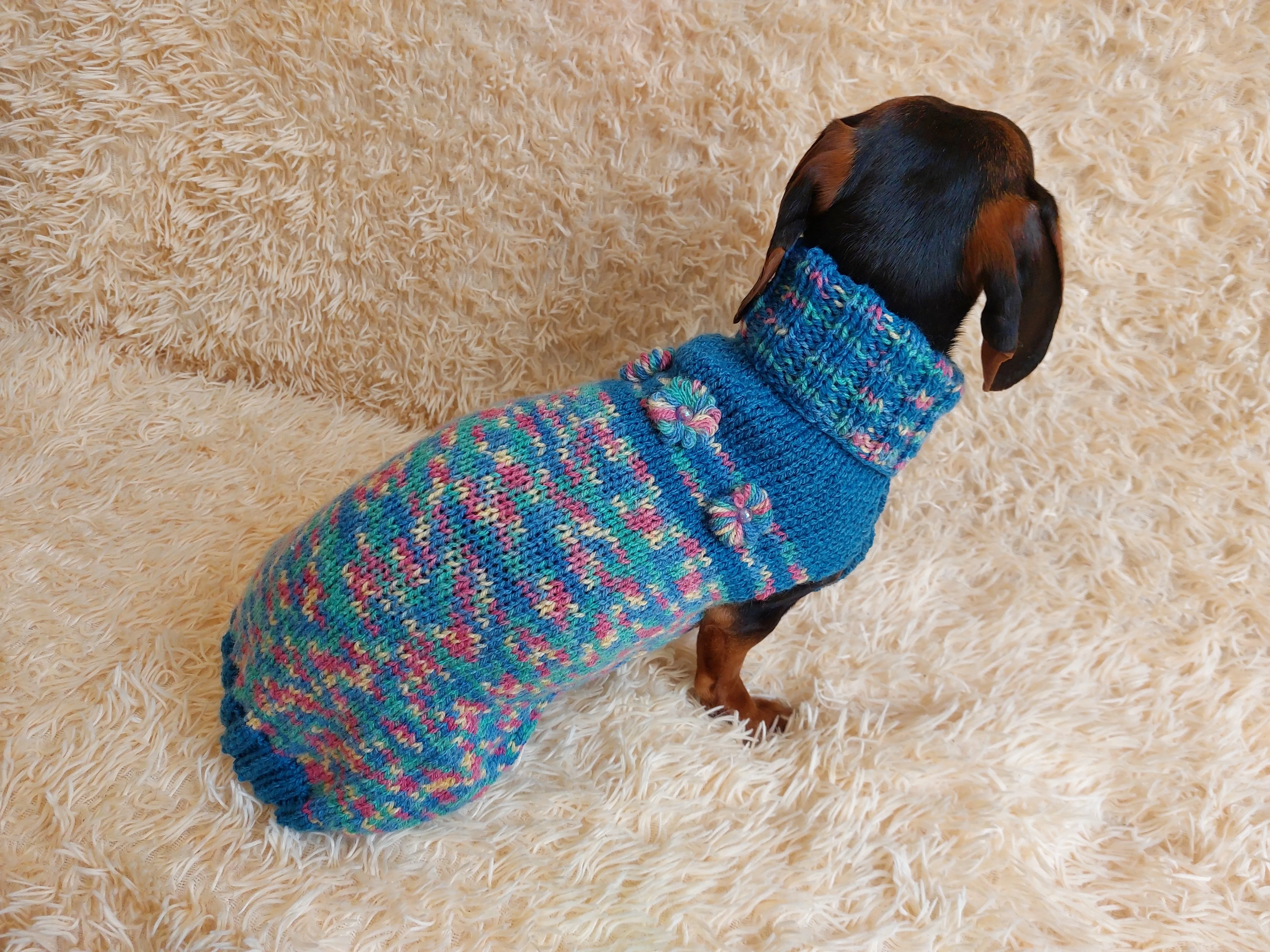 Dachshund Dog Pet Outfit Warm Rainbow Jumper With Flowers