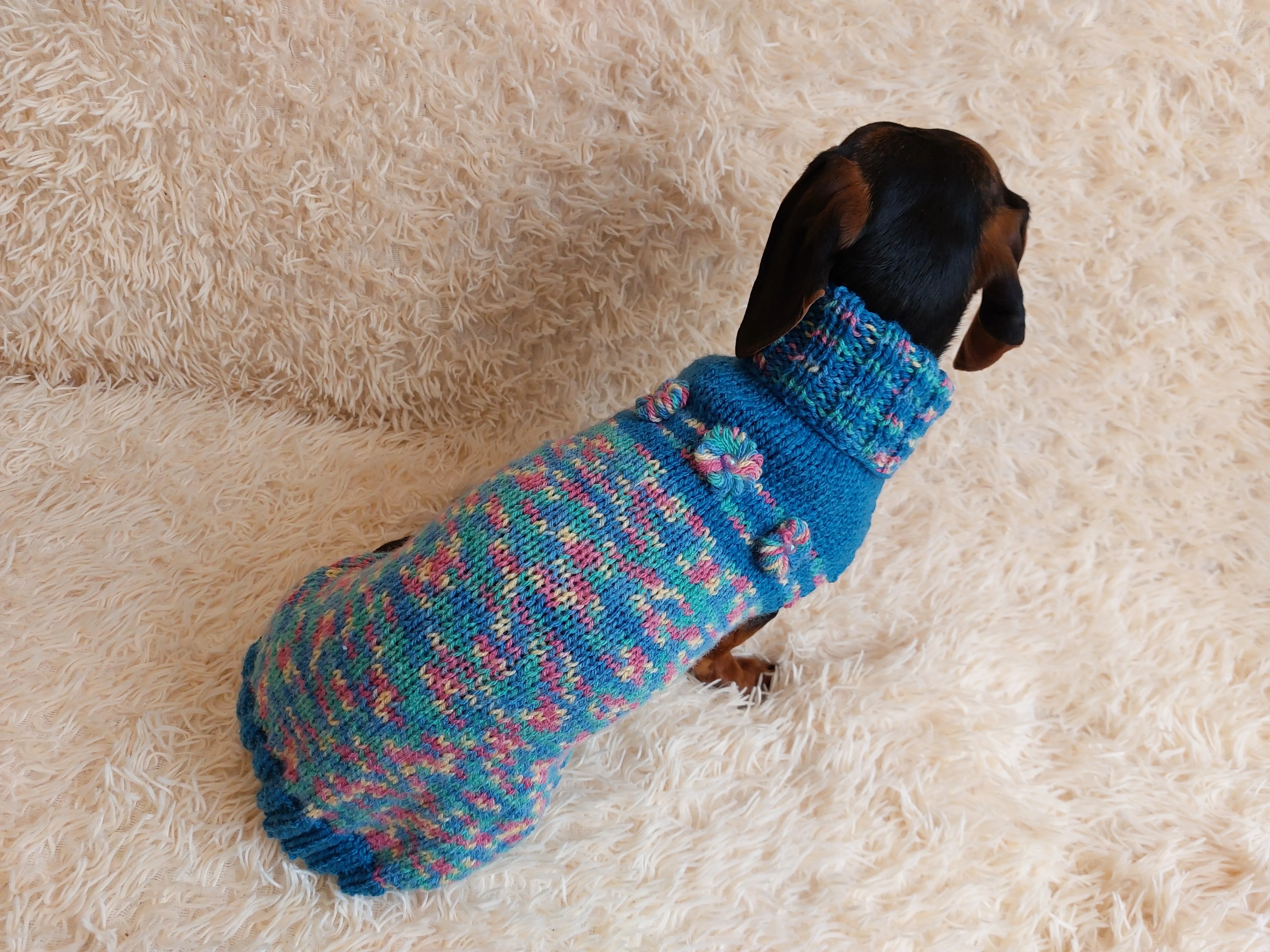 Dachshund Dog Pet Outfit Warm Rainbow Jumper With Flowers