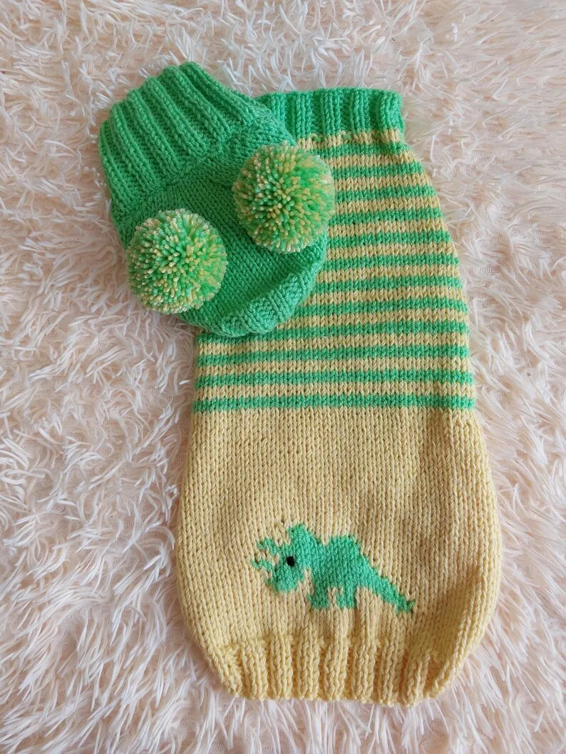 Dinosaur Dog Costume - Warm Wool Striped Dinosaur Costume with Two Big Pom Poms Pet Sweater and Hat Set Jumper and Hat for Dachshund or Dog