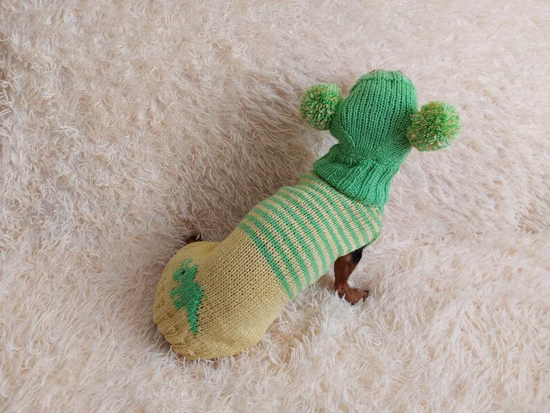 Dinosaur Dog Costume - Warm Wool Striped Dinosaur Costume with Two Big Pom Poms Pet Sweater and Hat Set Jumper and Hat for Dachshund or Dog