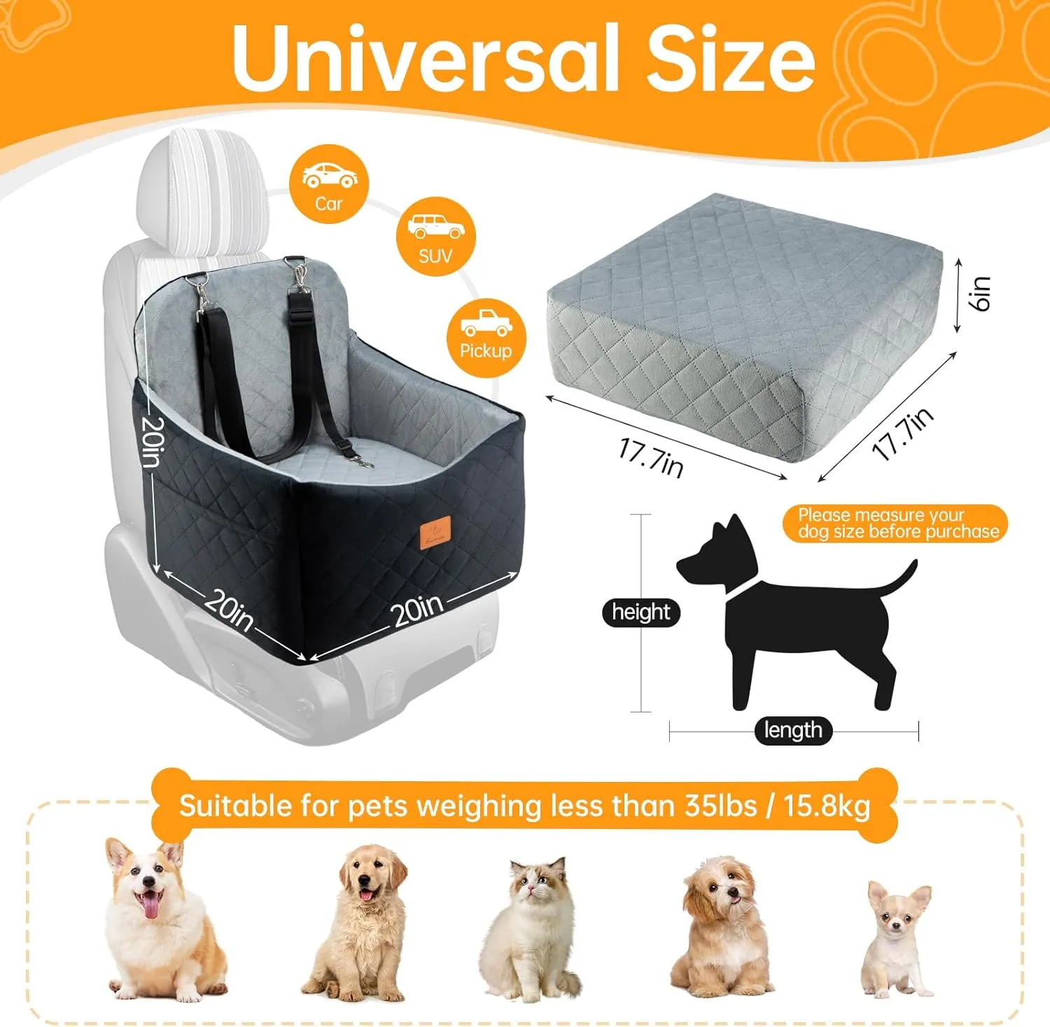 Dog Car Seats for Small/Medium Dogs, FurFrolic Memory Foam Dog Booster Seat for Small Dogs up to 35 lbs, Travel Pet Car Seat with Washable Detachable Cover, Storage Pockets, 2 Safety Belts (Gray)
