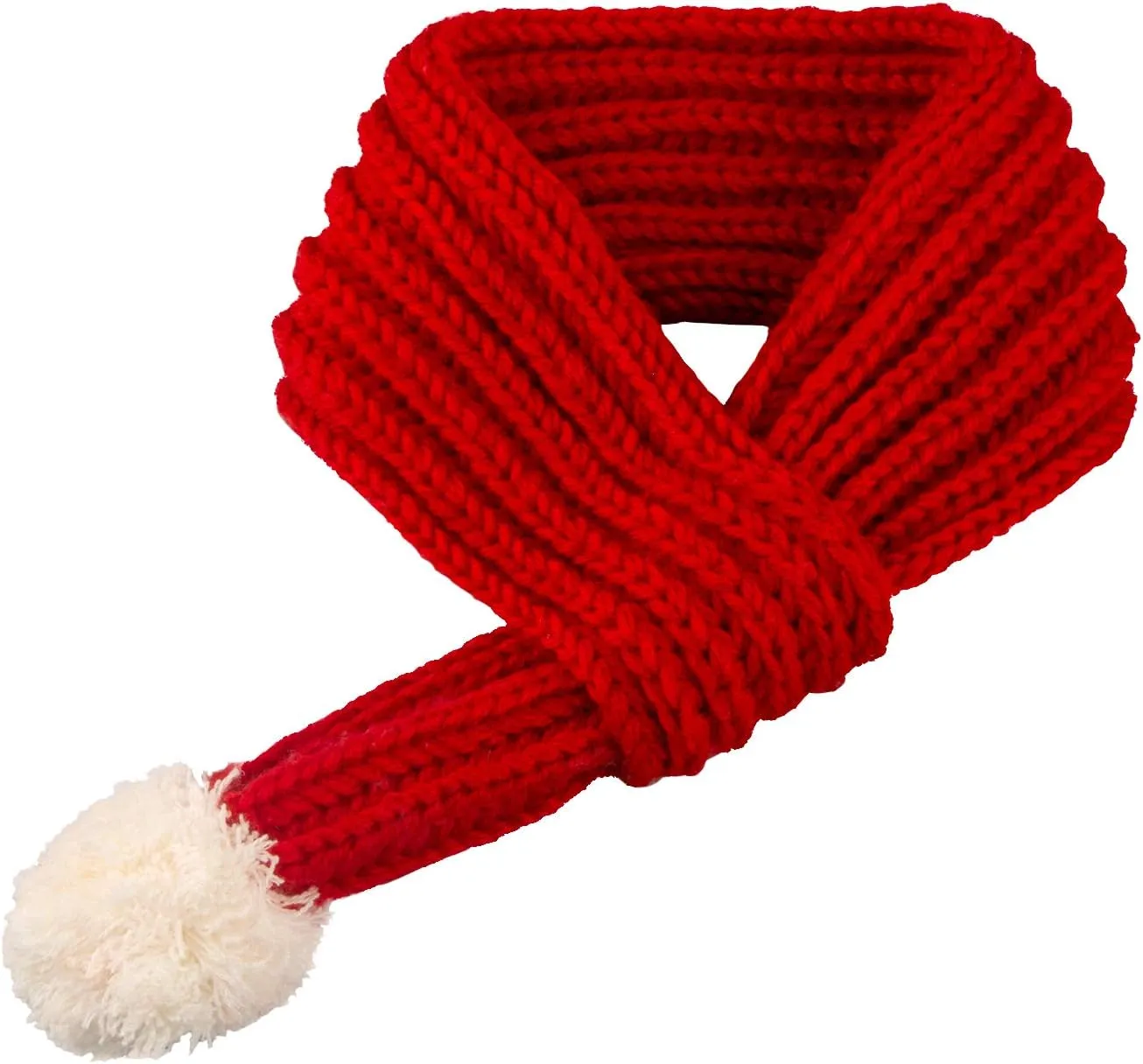Dog Christmas Knitted Scarf Red Knit Scarves with Fuzzy Pompom Neck Warmer Bandana Xmas Holiday Winter Pet Puppy Cat Costume (S)