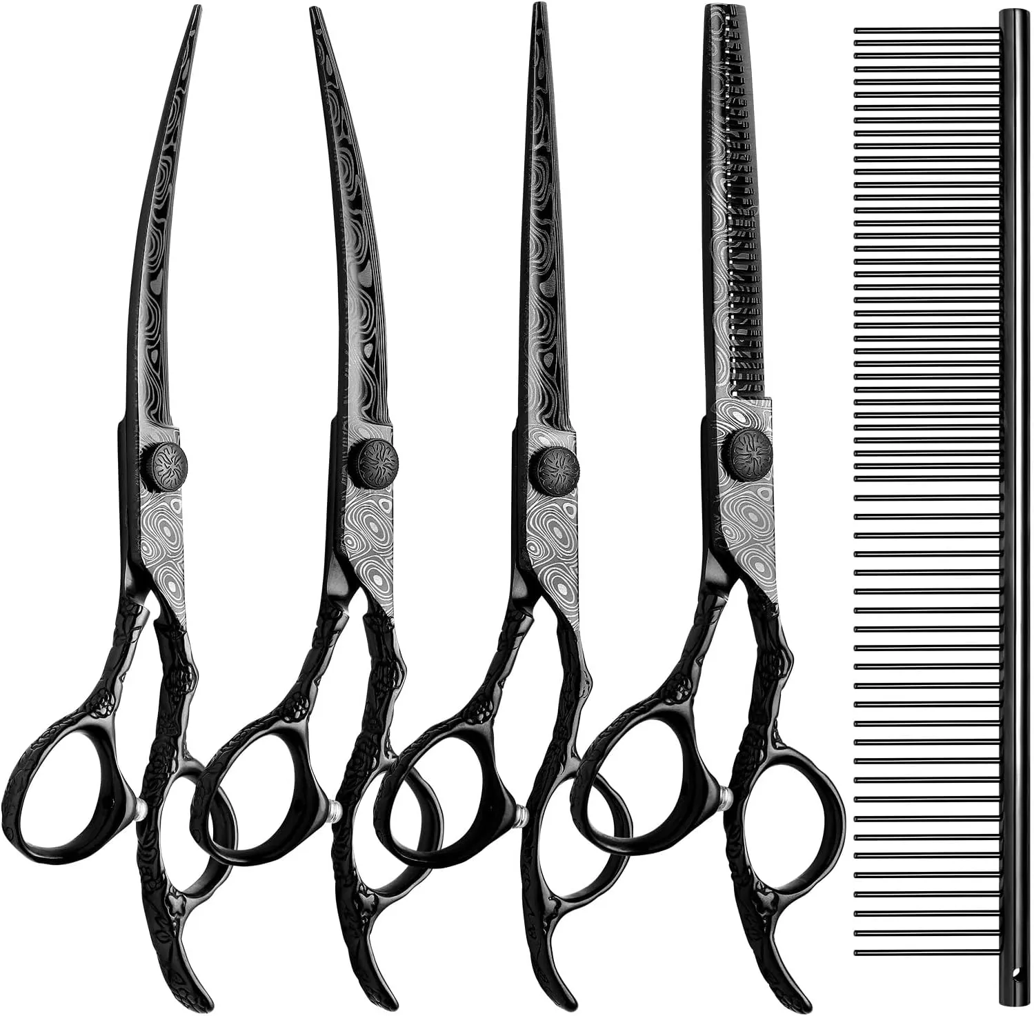 Dog Grooming Scissors,Black with Safety Round Tips,5 in 1 Curved Dog Scissors for Grooming,Professional Pet Grooming Shears Set for Dogs and Cats