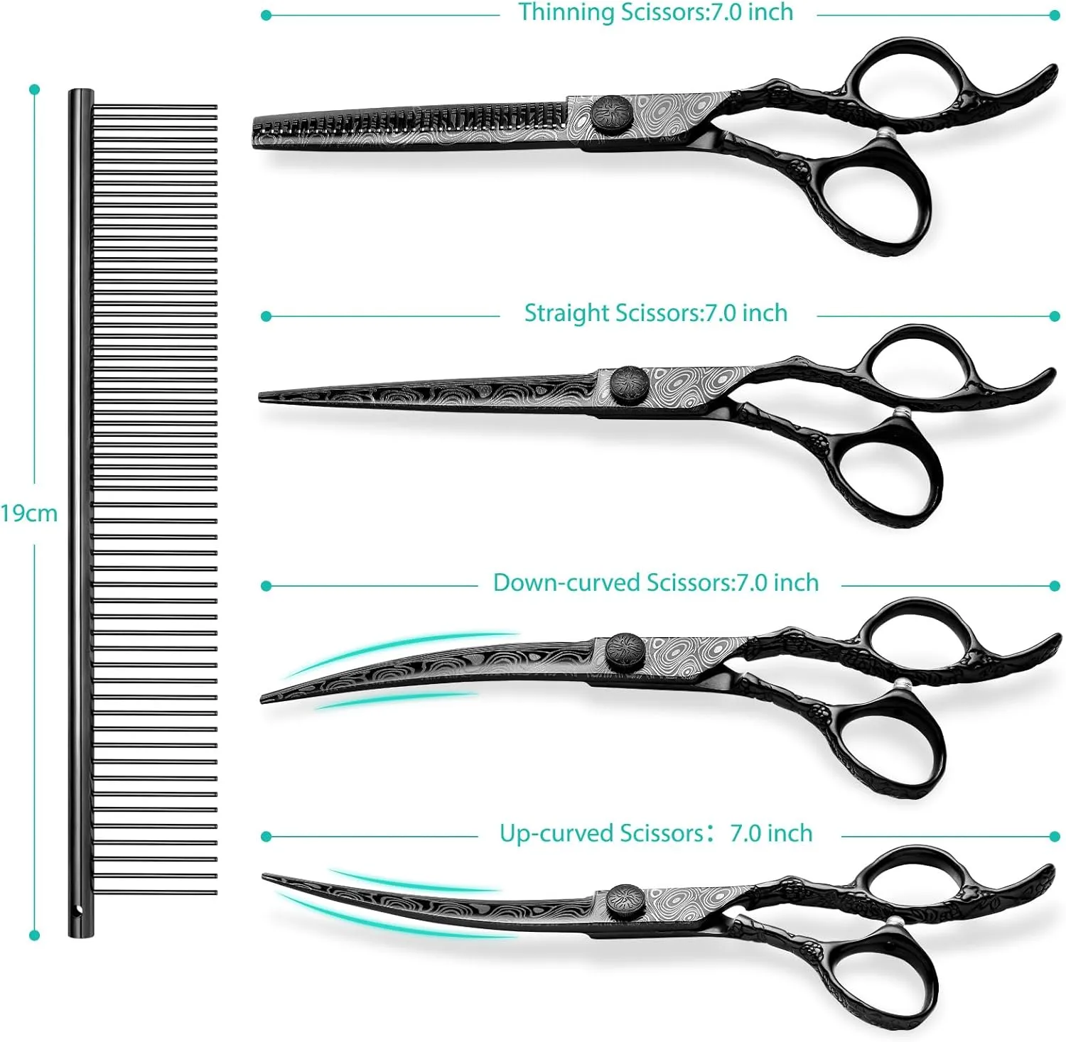 Dog Grooming Scissors,Black with Safety Round Tips,5 in 1 Curved Dog Scissors for Grooming,Professional Pet Grooming Shears Set for Dogs and Cats