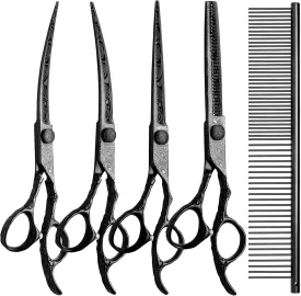 Dog Grooming Scissors,Black with Safety Round Tips,5 in 1 Curved Dog Scissors for Grooming,Professional Pet Grooming Shears Set for Dogs and Cats