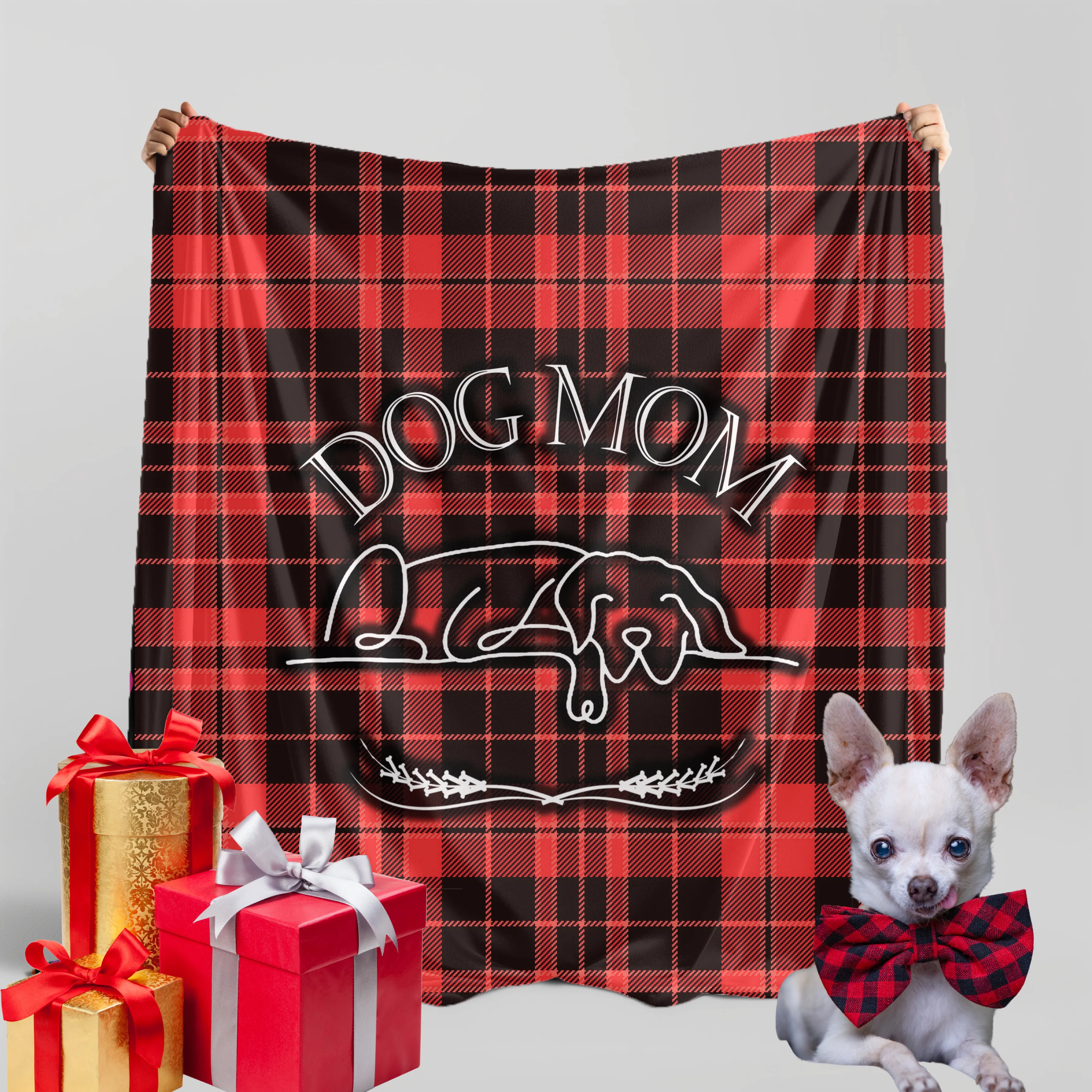 Dog Mom Red Checkered Plaid Pattern Cozy Winter Premium Sherpa Blanket