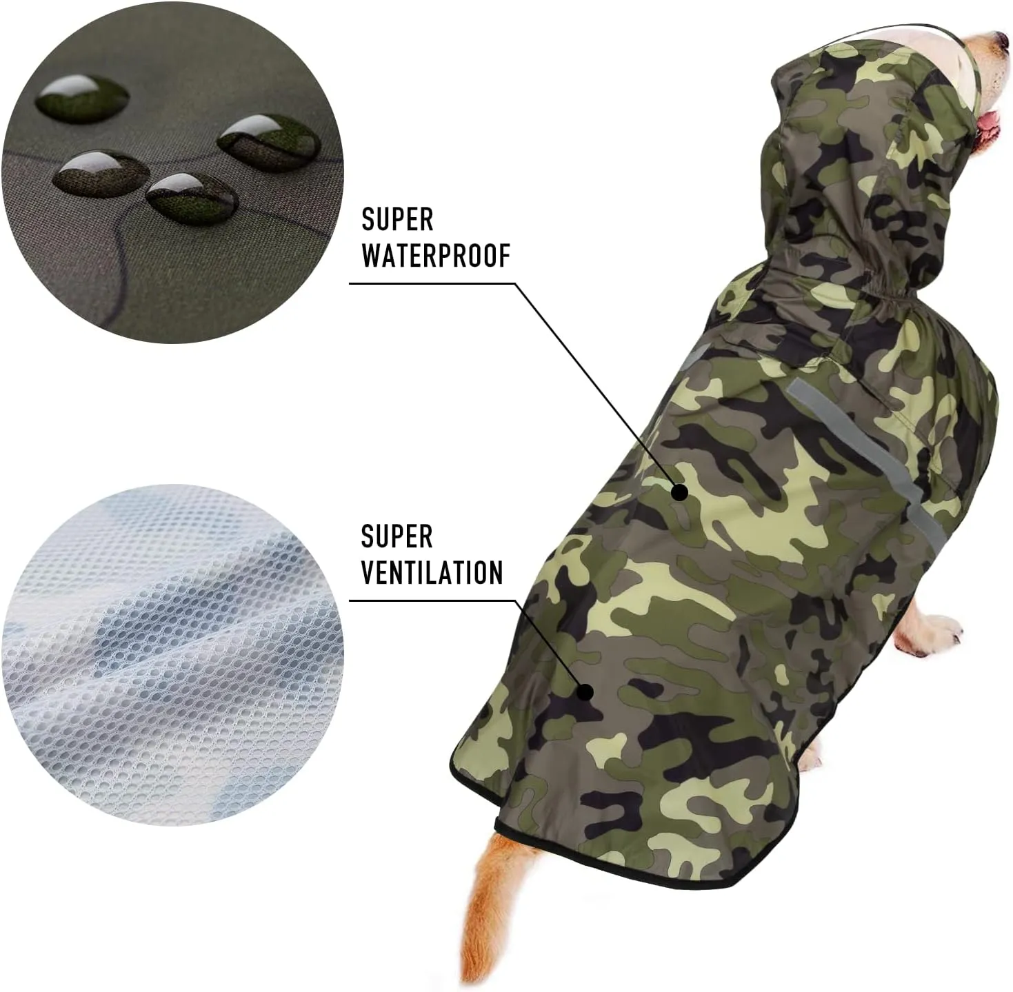 Dog Raincoat with Adjustable Belly Strap and Leash Hole - Hoodie with Reflective Strip - Waterproof Slicker Lightweight Breathable Rain Poncho Jacket for Medium Large Dogs - Easy to Wear