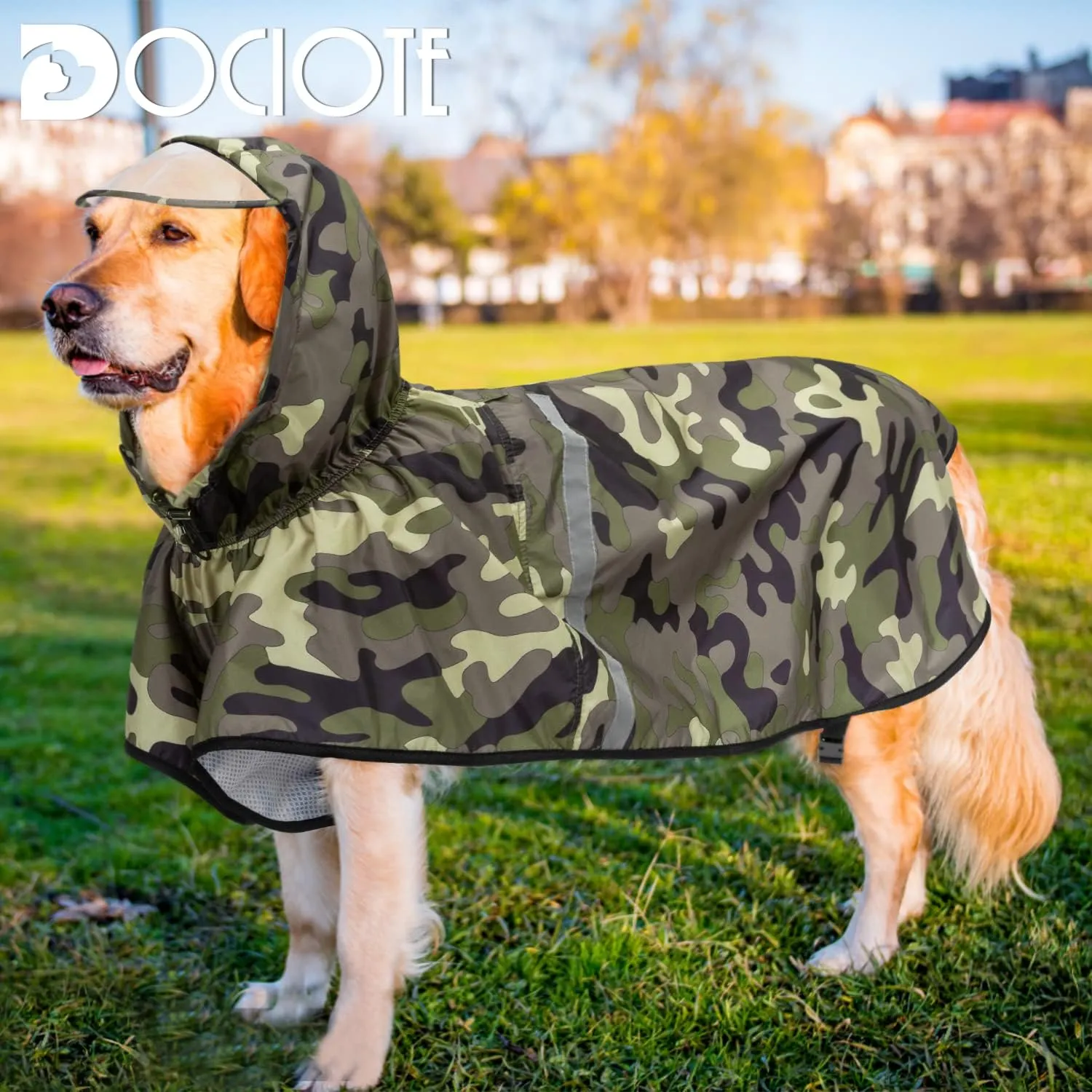 Dog Raincoat with Adjustable Belly Strap and Leash Hole - Hoodie with Reflective Strip - Waterproof Slicker Lightweight Breathable Rain Poncho Jacket for Medium Large Dogs - Easy to Wear