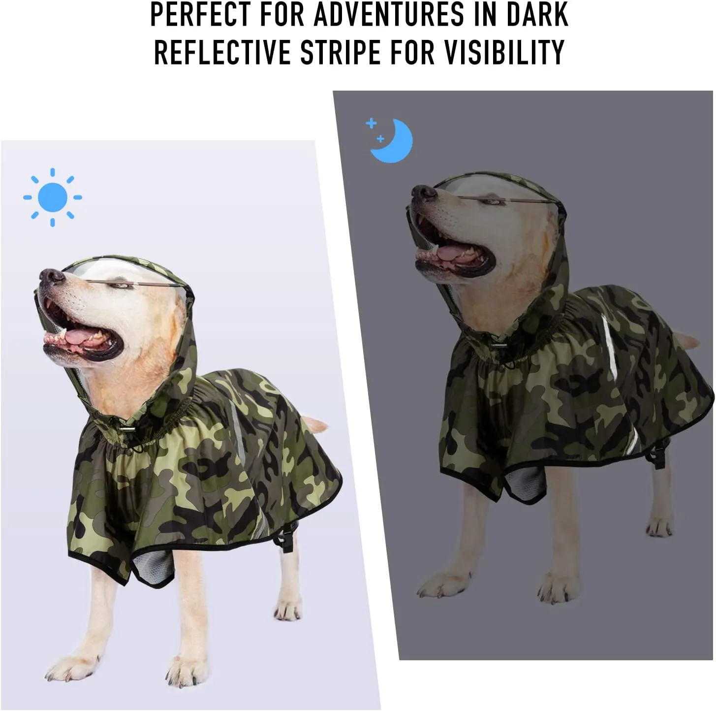 Dog Raincoat with Adjustable Belly Strap and Leash Hole - Hoodie with Reflective Strip - Waterproof Slicker Lightweight Breathable Rain Poncho Jacket for Medium Large Dogs - Easy to Wear