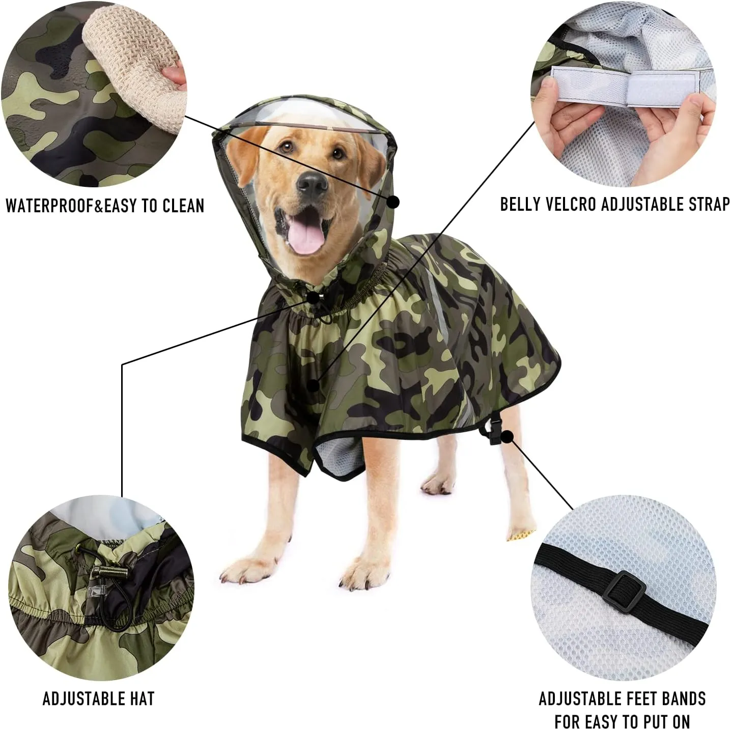 Dog Raincoat with Adjustable Belly Strap and Leash Hole - Hoodie with Reflective Strip - Waterproof Slicker Lightweight Breathable Rain Poncho Jacket for Medium Large Dogs - Easy to Wear