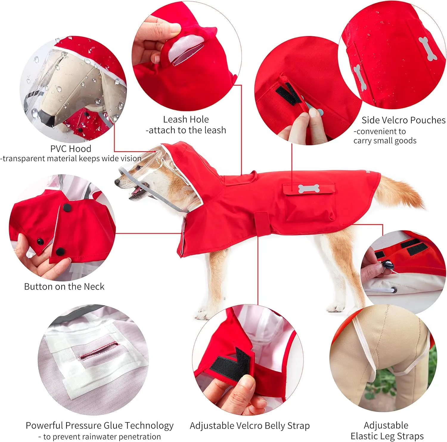 Dog Raincoat,Waterproof Rain Poncho with Hoodie, High Reflective Adjustable Pet Rain Jacket with Leash Hole for Small Medium and Large Dogs (Red, Small)
