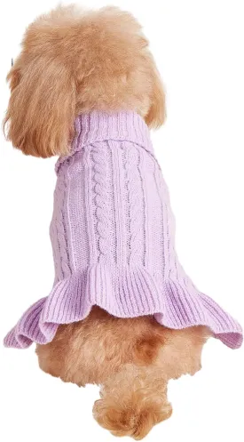 Dog Sweater & Dress - Cable Knit Pet Clothes for Small Dogs & Cats (Light Purple, Large)
