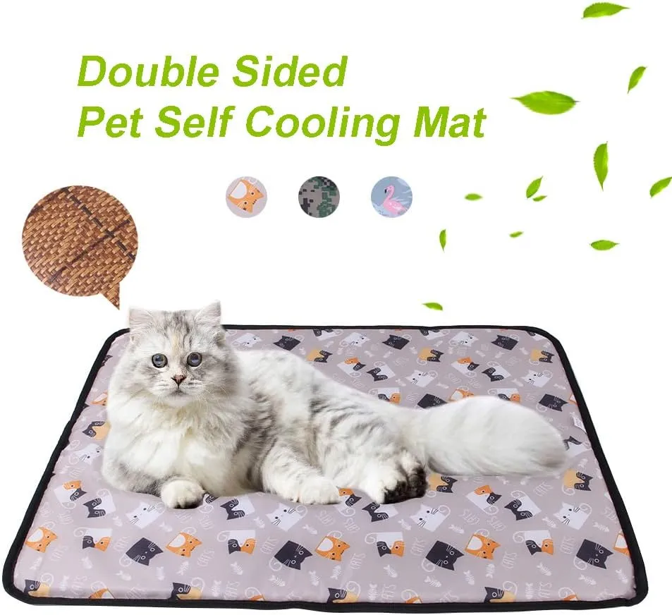 Double Sided Pet Self Cooling Mat,Summer Reusable Pet Blanket Pads Sleeping Cushion Washable Foldable Bamboo Fiber Bed Mats for Cats Puppy Dogs(Cat Print,M)