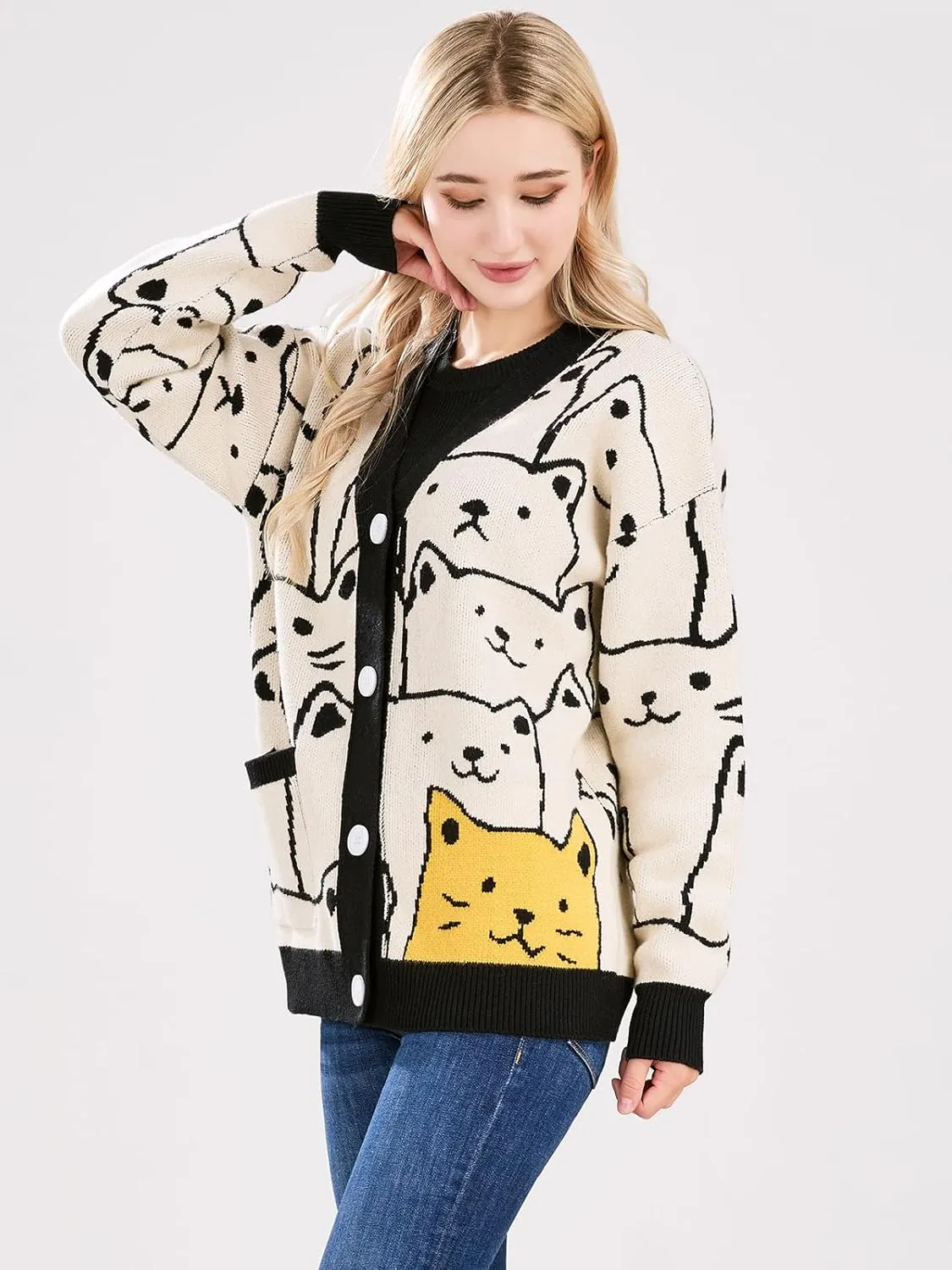 ebossy Women's Kawaii Cartoon Cat Cardigan Japanese Aesthetic Button Down Jacquard Knit Sweater Coat
