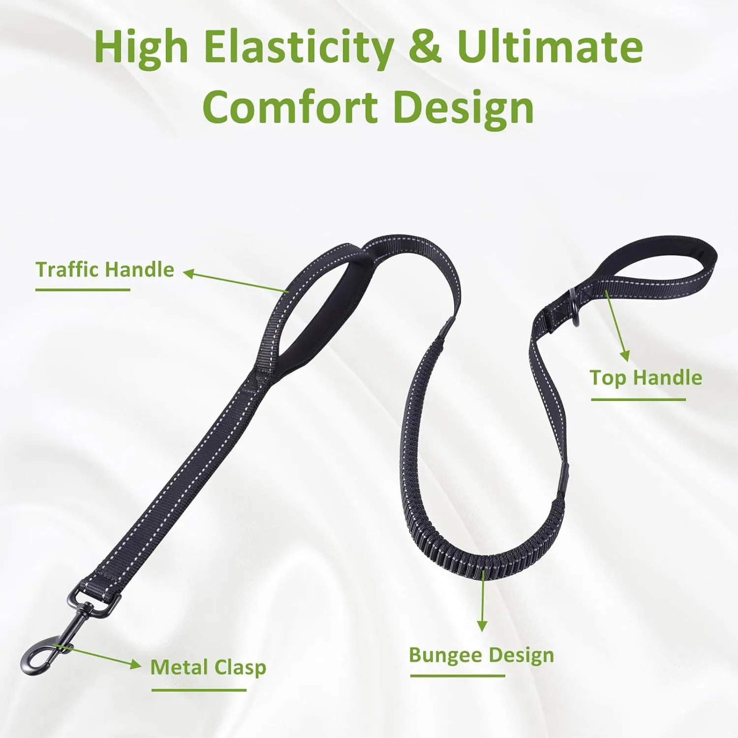 ECO-CLEAN Dog Leash, 6 Ft Bungee Dog Training Leash, Reflective Dog Leash for Medium Large Dogs, Shock Absorbing Retractable Strong Dog Leash with Padded Double Handle