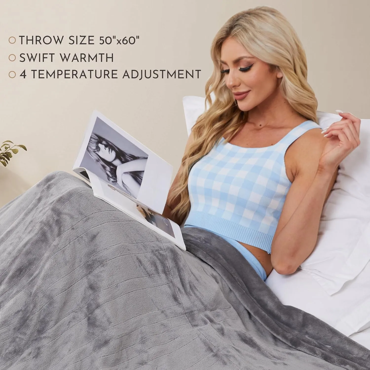 Electric Heated Blanket, 50" x 60" Throw Size, Soft Flannel, 5 Heating Levels, 3 Hours Auto Off, Warmth Throughout The Body - Light Grey