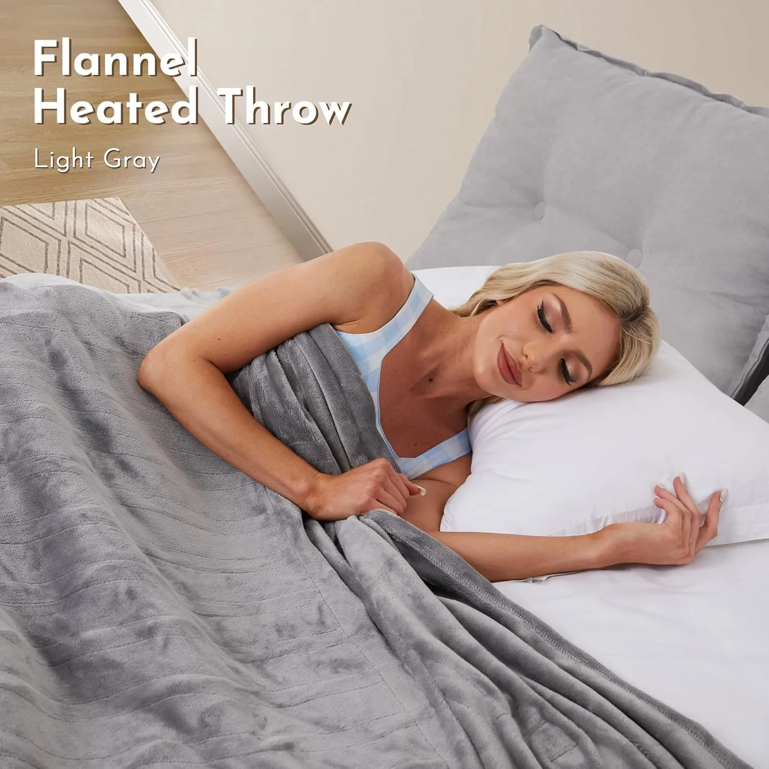 Electric Heated Blanket, 50" x 60" Throw Size, Soft Flannel, 5 Heating Levels, 3 Hours Auto Off, Warmth Throughout The Body - Light Grey