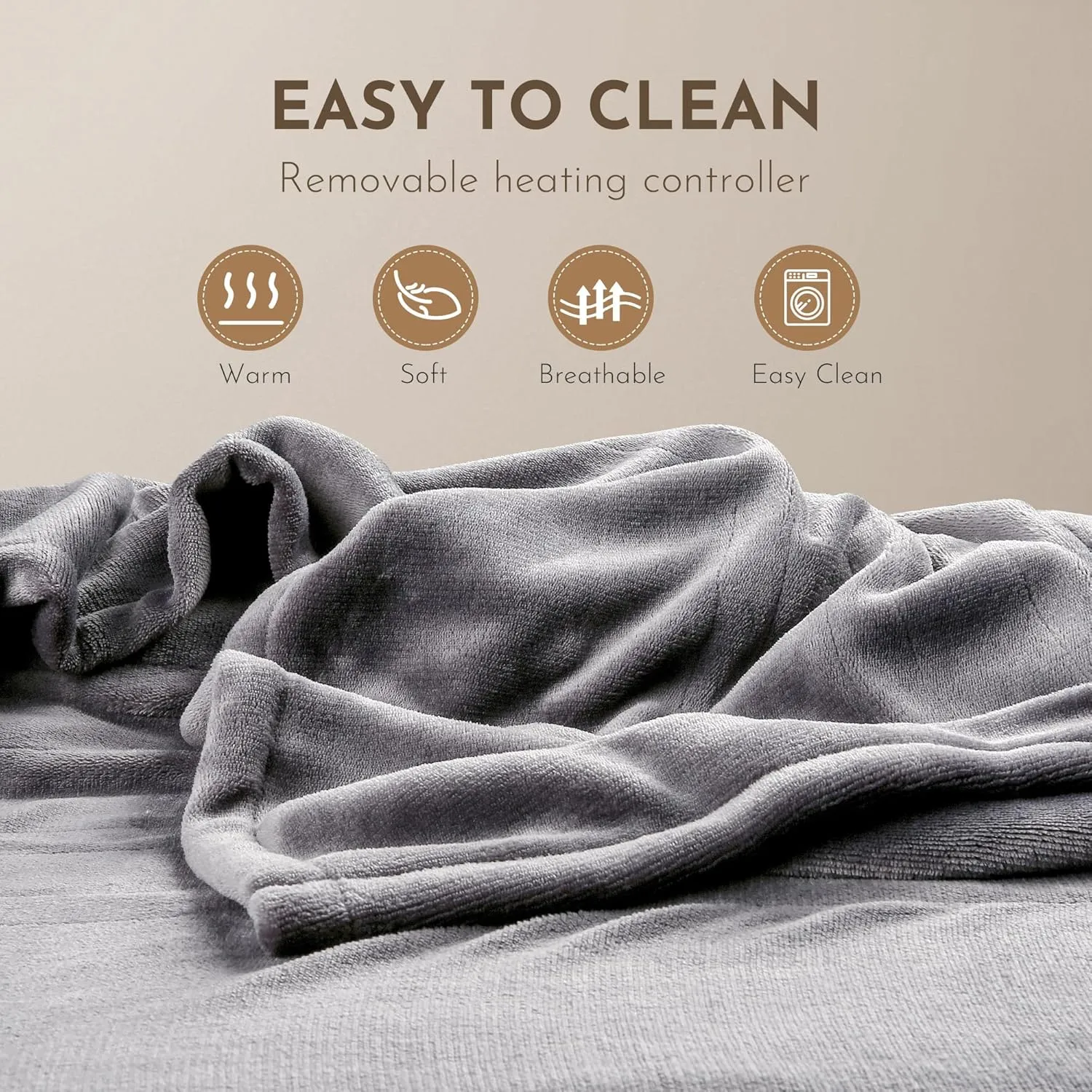 Electric Heated Blanket, 50" x 60" Throw Size, Soft Flannel, 5 Heating Levels, 3 Hours Auto Off, Warmth Throughout The Body - Light Grey