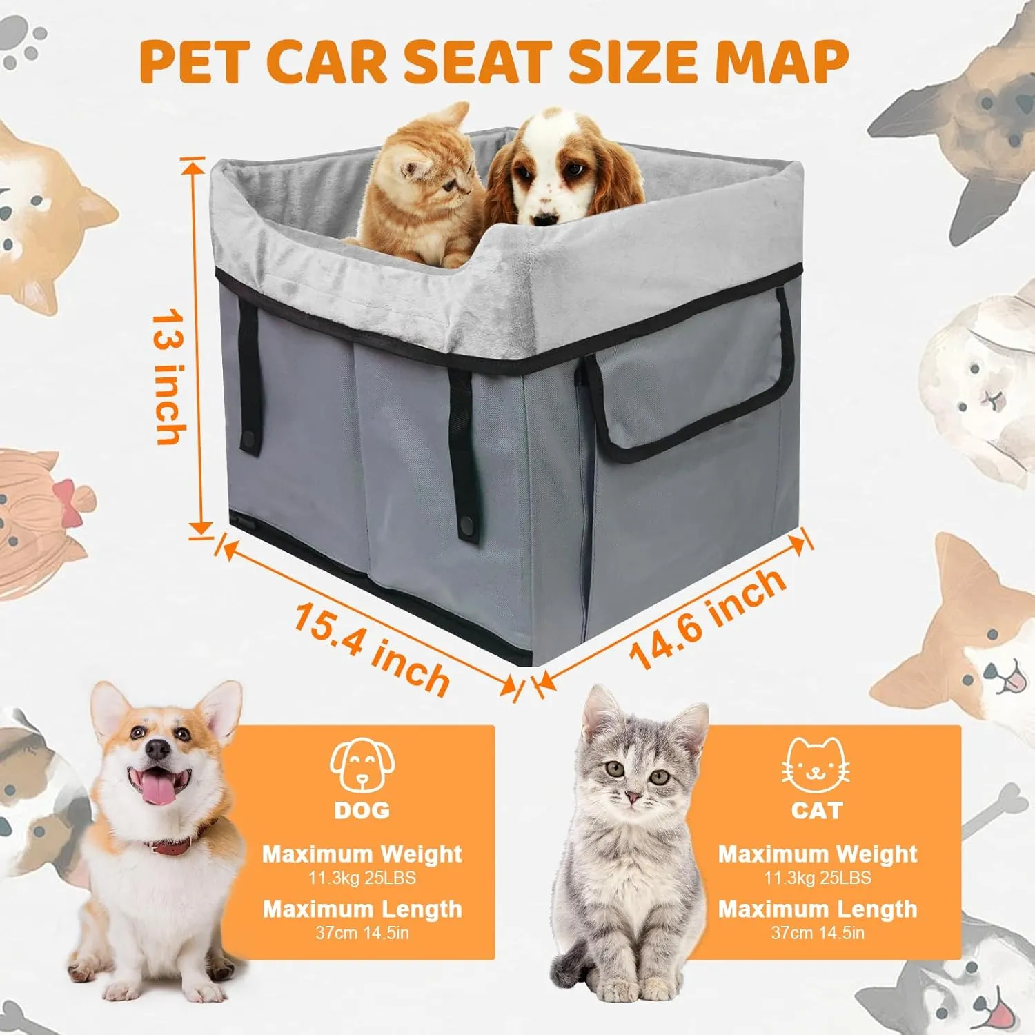 Eunice Small Dog Car Seat, 15.5 in (L) X 14.6 in (W) X 13 in (H) Washable Detachable and Portable Dog Booster Car Seat with Clip-on Safety Leash, Puppy Car Seats Storable Bottom Layer - Up to 25 lbs