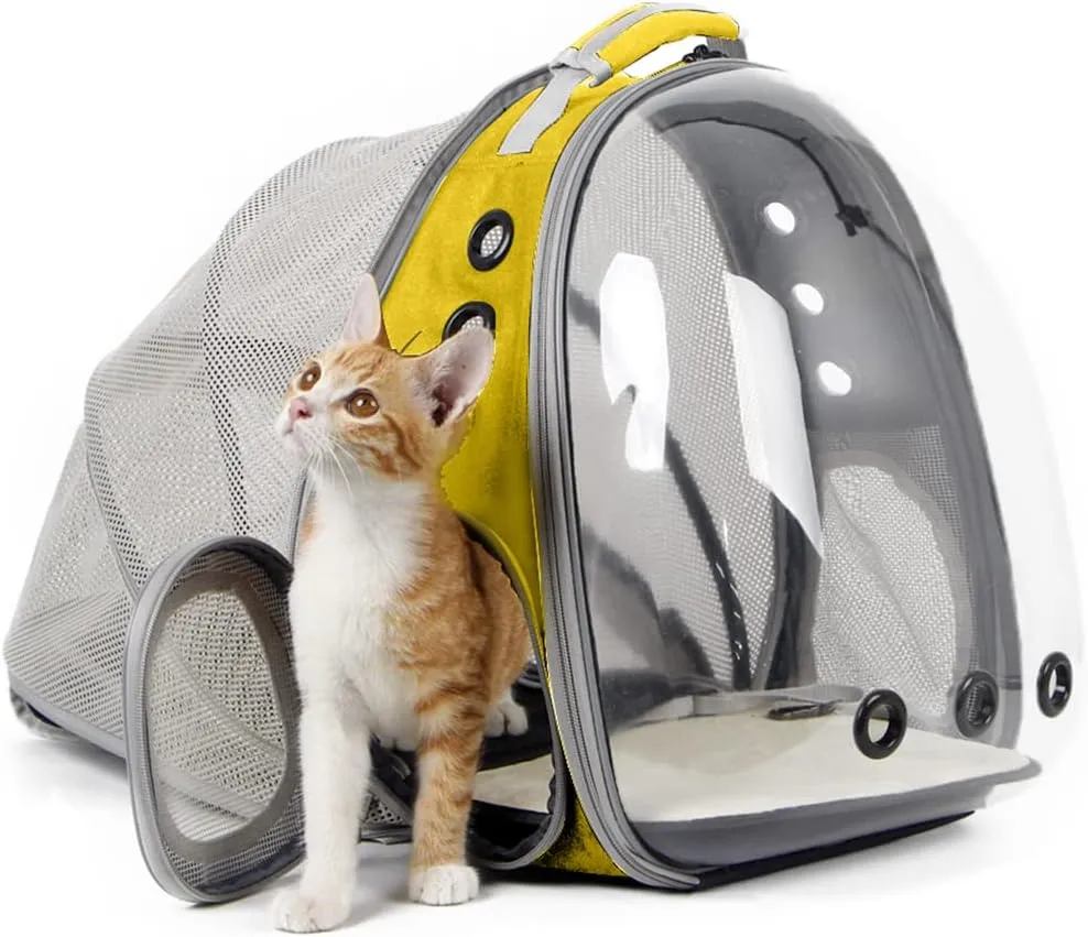 Expandable Cat Backpack Carrier, Fit up to 20 lbs, Space Capsule Astronaut Bubble Window Pet Backpack for Large Cat and Small Puppy Yellow