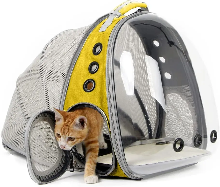 Expandable Cat Backpack Carrier, Fit up to 20 lbs, Space Capsule Astronaut Bubble Window Pet Backpack for Large Cat and Small Puppy Yellow