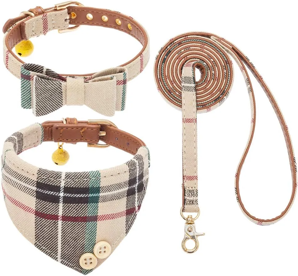 EXPAWLORER Dog Collar and Leash Set - Classic Plaid Puppy Bow Tie and Cat Bandana Collar with Bell, Pet Leash Tangle Free, Adjustable for Small Medium Large Pets, Holiday Ideal Gift
