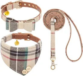 EXPAWLORER Dog Collar and Leash Set - Classic Plaid Puppy Bow Tie and Cat Bandana Collar with Bell, Pet Leash Tangle Free, Adjustable for Small Medium Large Pets, Holiday Ideal Gift