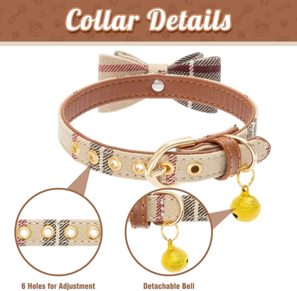 EXPAWLORER Dog Collar and Leash Set - Classic Plaid Puppy Bow Tie and Cat Bandana Collar with Bell, Pet Leash Tangle Free, Adjustable for Small Medium Large Pets, Holiday Ideal Gift