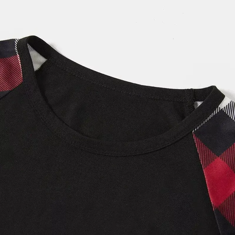 Family Christmas Shirts Santa Hat Christmas Deer Patterned and 'FAMILY CHRISTMAS 2024  ' Letter Print Contrast Tops and Red & Black & White Plaid Pants Family Matching Pajamas Set With Dog Bandana