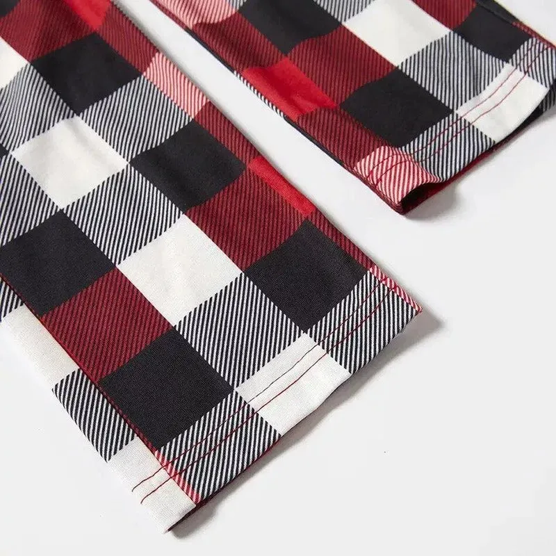Family Christmas Shirts Santa Hat Christmas Deer Patterned and 'FAMILY CHRISTMAS 2024  ' Letter Print Contrast Tops and Red & Black & White Plaid Pants Family Matching Pajamas Set With Dog Bandana