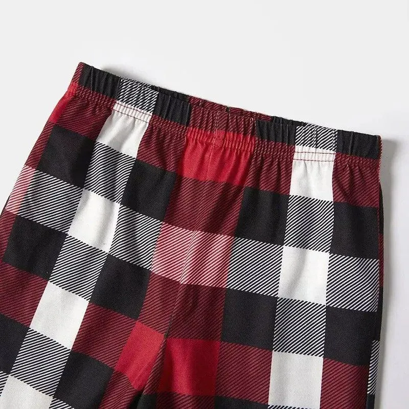 Family Christmas Shirts Santa Hat Christmas Deer Patterned and 'FAMILY CHRISTMAS 2024  ' Letter Print Contrast Tops and Red & Black & White Plaid Pants Family Matching Pajamas Set With Dog Bandana