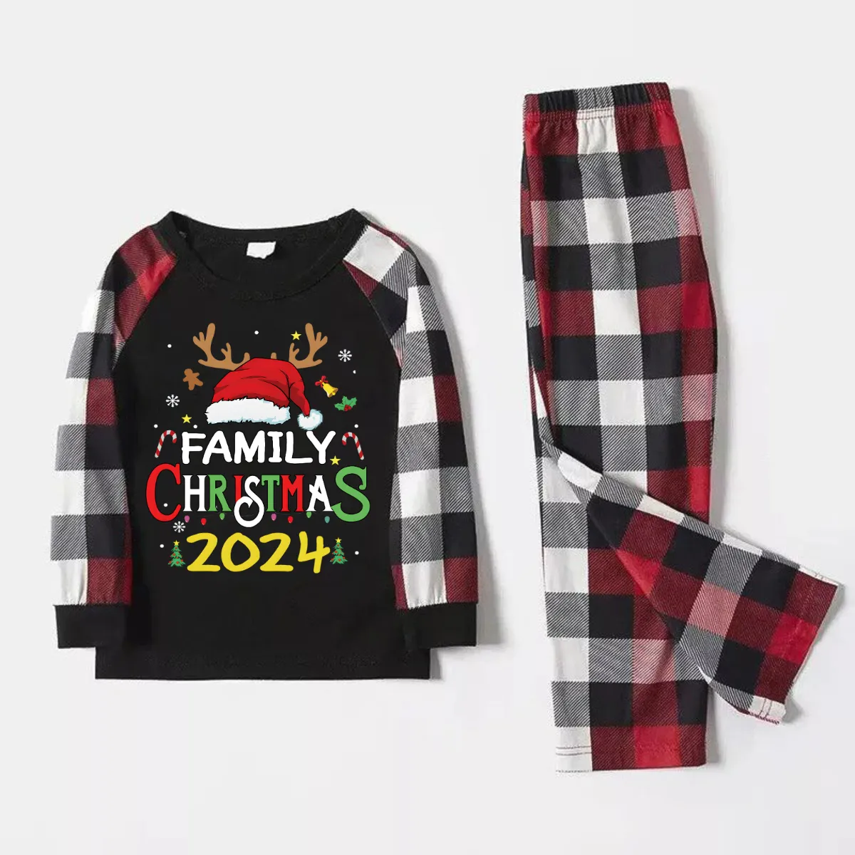 Family Christmas Shirts Santa Hat Christmas Deer Patterned and 'FAMILY CHRISTMAS 2024  ' Letter Print Contrast Tops and Red & Black & White Plaid Pants Family Matching Pajamas Set With Dog Bandana